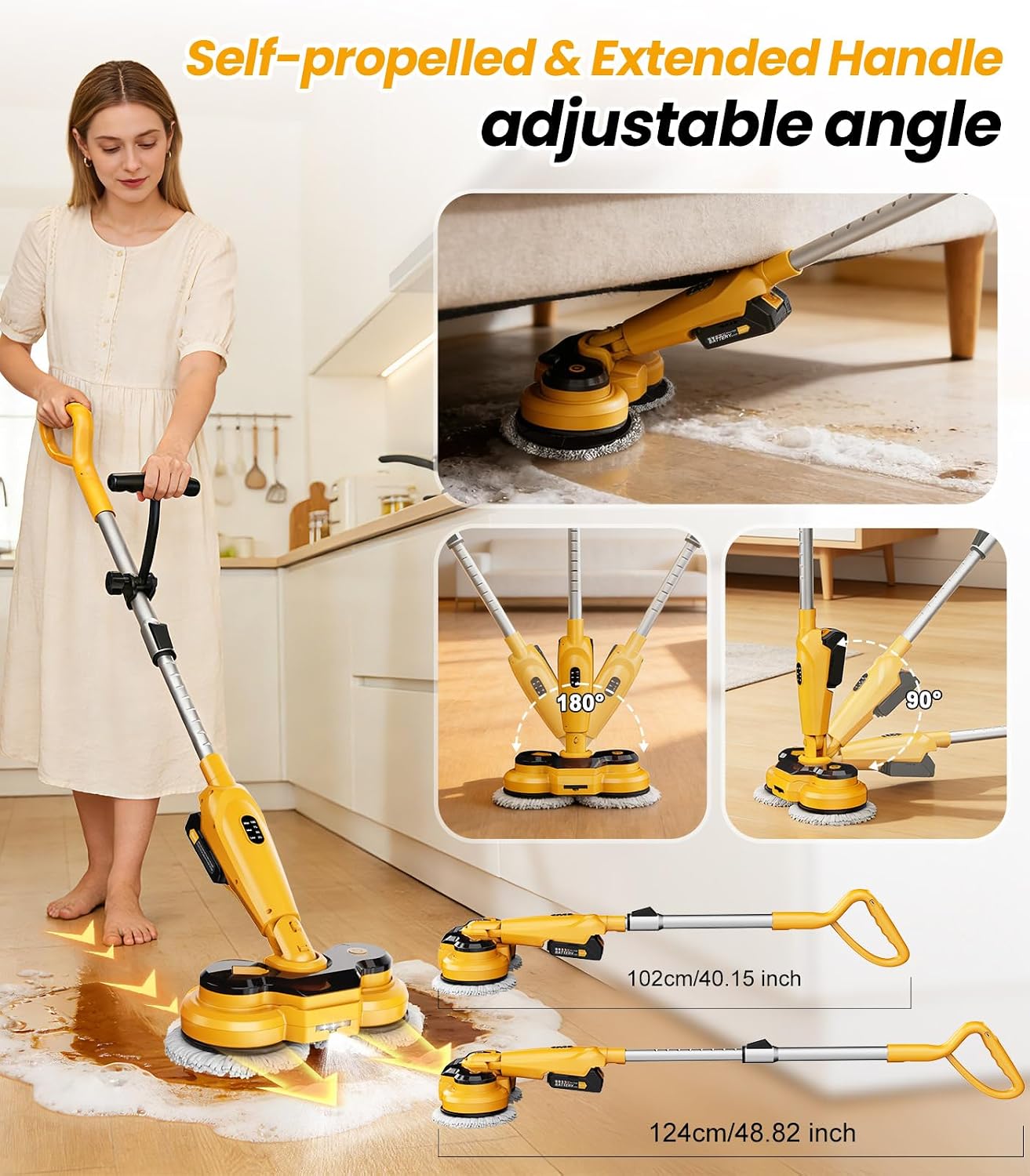 qimedo Cordless Electric Mop M3, 6000mAh, 2-in-1 Power Scrubber & Mops | 800RPM Floor Scrubber Machine, Automatic Spin Mops with Smart Display, Rotating Mop with LED Light & Water Spray - Image 5