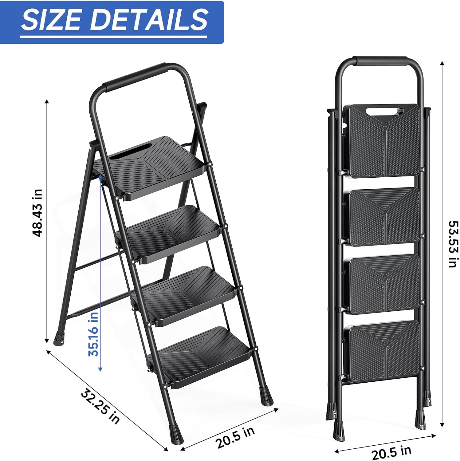 KINGRACK 4 Step Ladder, Portable Folding Ladder with Anti-Slip Pedals | Heavy Sturdy Steel Step Stool for Multi-Purpose, Home, Kitchen, Handrail, Safe-Lock Design, Pass 500lbs Load Testing, Black - Image 5