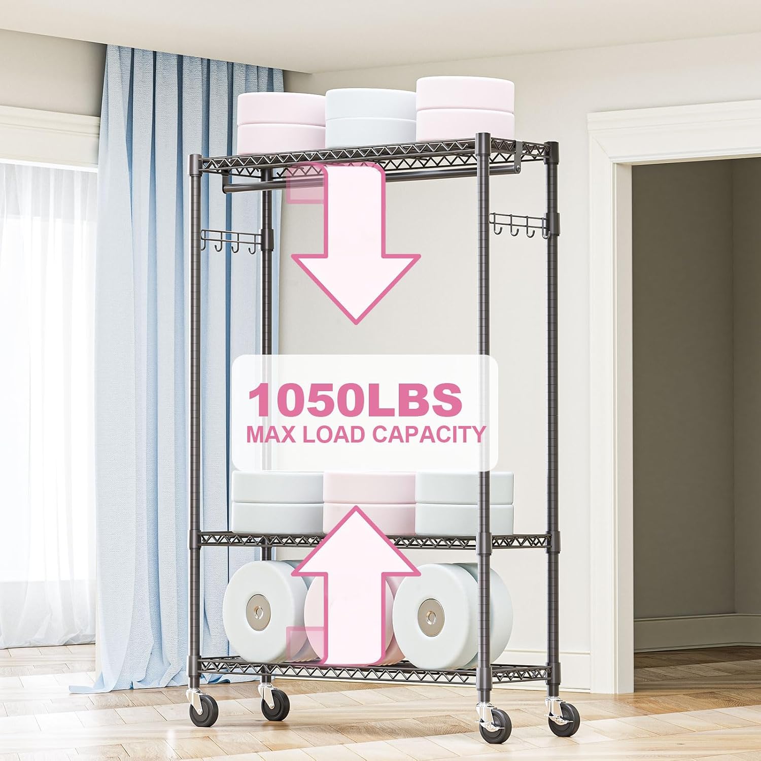 M MZG Heavy Duty Rolling Garment Rack 3 Tiers Adjustable Wire Shelving Clothes Rack with 1 Rods and Side Hooks,Storage Closet Clothing Rack with Wheels Black 15.7" D x 45.3" W x 75.6" H - Image 5