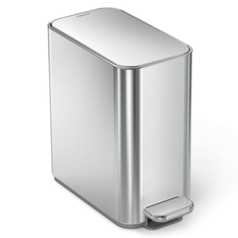 simplehuman Slim Step Can, 5L / 1.3 Gallon Compact Bathroom Trash Can, Liner Pocket®, Sleek Internal Hinge, 150,000-Step All-Steel Pedal, Lid Shox® Silent Close, Brushed Stainless Steel