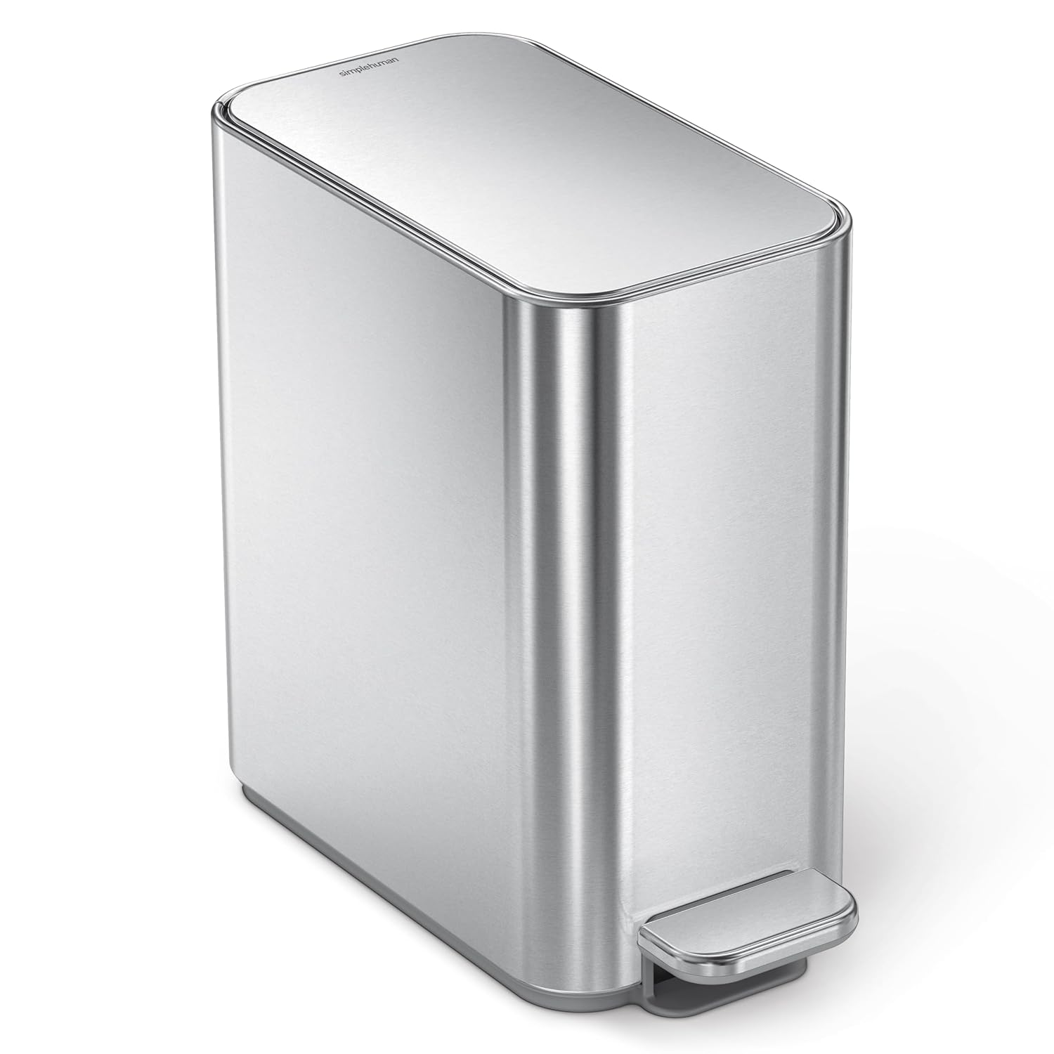 simplehuman Slim Step Can, 5L / 1.3 Gallon Compact Bathroom Trash Can, Liner Pocket®, Sleek Internal Hinge, 150,000-Step All-Steel Pedal, Lid Shox® Silent Close, Brushed Stainless Steel