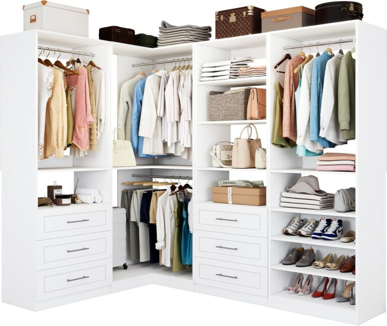 Vomavex Closet System with 4 sets, 101.9" Closet Organizer Systems with 6 Drawers & 8 Hanging Rods & Adjustable Shelves, Walk in Closet Standing Closet System, Corner Closet System Set, White