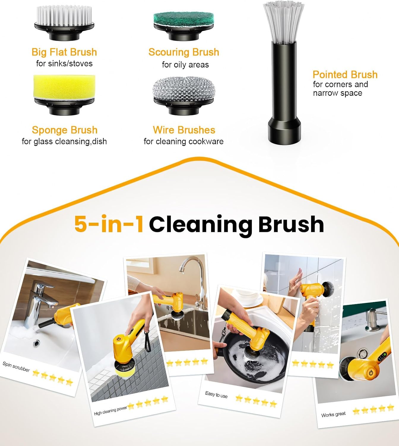 Electric Spin Scrubber Q4, 5000mAh Large Battery, 248-Min Runtime, 600RPM | Handheld Power Dish Scrubber with Display and 5 Brush Heads; Cordless Shower Cleaning Brush for Bathrooms, Sinks and Windows - Image 7