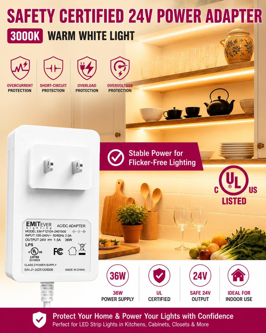 EMITEVER Under Cabinet Lighting 6PCS COB LED Strip 3000K Warm White 9.8ft | UL Listed, 24V Dimmable Led Lights Strip for Kitchen Cabinet, Counter, Shelf, with Remote & Adapter, Timing - Image 5