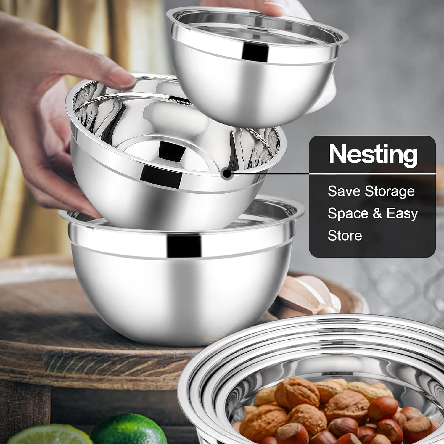 E-far Stainless Steel Mixing Bowls with Airtight Lids, 7-Piece Metal Nesting Bowls with Black Lids for Saving Storage Space, Size 7, 4.6, 3, 2, 1.5, 1, 0.7QT, Great for Baking/Cooking/Prepping - Image 3