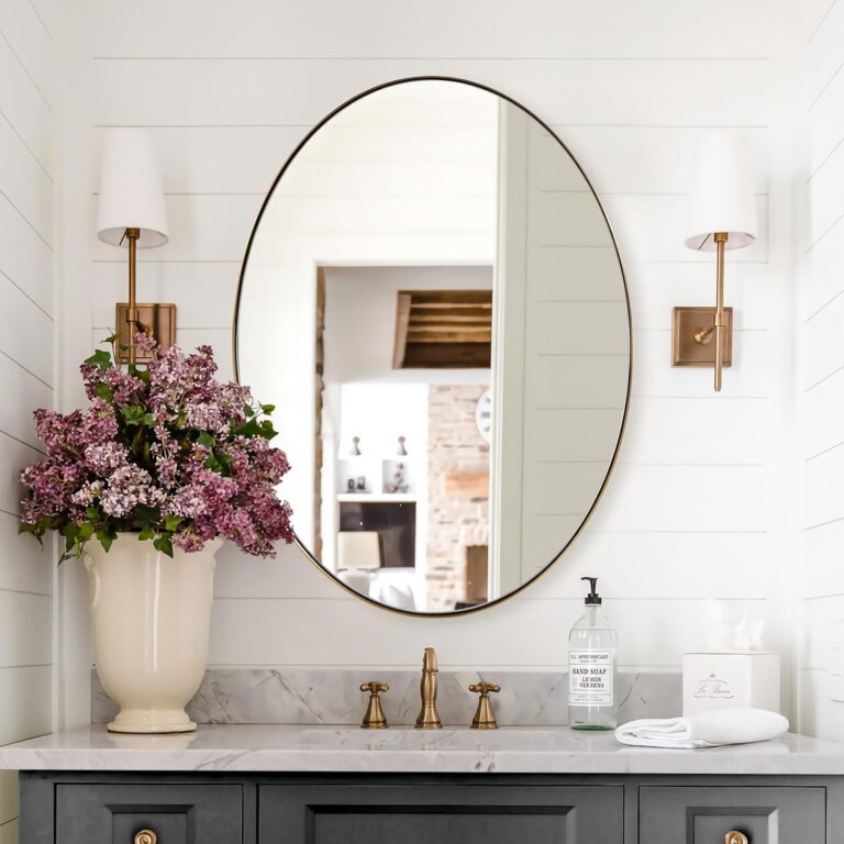 Gold Oval Mirrors for Bathroom, 24x36 Inch Brushed Gold Stainless Steel Metal Framed Oval Wall Mirror, Modern Vanity Mirror Wall Mount Horizontal or Vertical