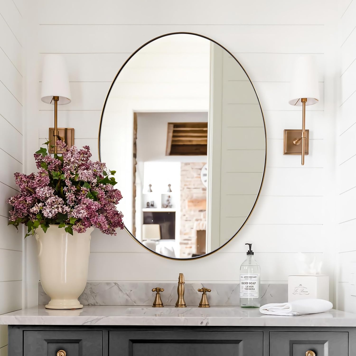 Gold Oval Mirrors for Bathroom, 24x36 Inch Brushed Gold Stainless Steel Metal Framed Oval Wall Mirror, Modern Vanity Mirror Wall Mount Horizontal or Vertical