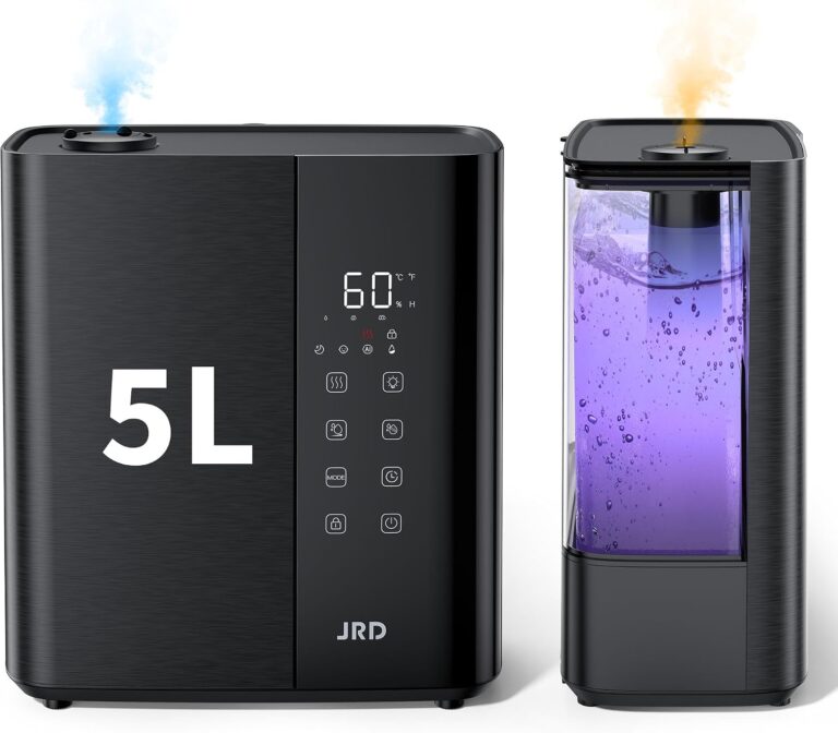 JRD Warm & Cool Mist Humidifiers for Bedroom 5L, Quiet Ultrasonic Air Humidifier Fast Symptom Relief, 50H Runtime, Oil Diffuser, 12H Timer, 7 Color Light for Large Room, Office, Baby, Plants-Black