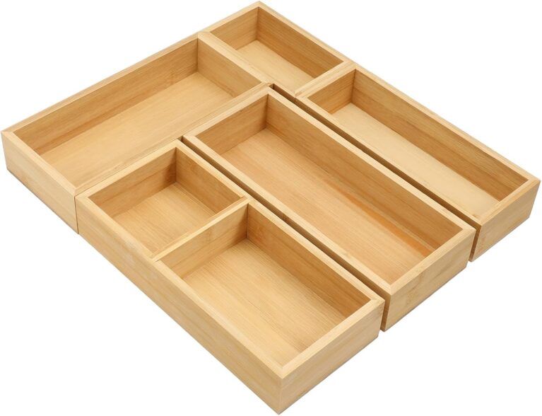 5-Piece Bamboo Drawer Organizer Storage Boxes Kitchen Multi-purpose Storage Dividers Drawer Organizer Set for Office Vanity Closet & Bathroom Kitchen Office Jewelry Cosmetics
