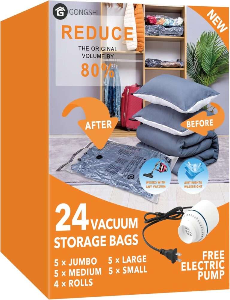 GONGSHI Vacuum Seal Bags for Clothing Travel & Home Storage, Travel Vacuum Bags with Pump,Space Saver for Blankets, Comforters, Pillows, Clothes,24 Combo with Electric Pump | 5 Jumbo, 5 Large, 5 Medium, 5 Small and 4 Travel Roll-Up Bags for Clothes, Bedding, Blankets, Comforters and Travel Storage