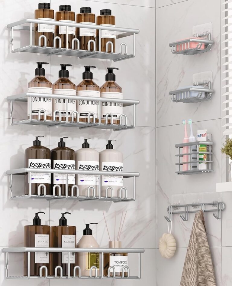 8 Pack Adhesive Large Capacity No-Drilling Shower Caddy, Silver | Rustproof Shower Shelves Rack with Soap Dishes, Toothbrush Holder & Hooks for Bathroom Organizers & Storage Accessories