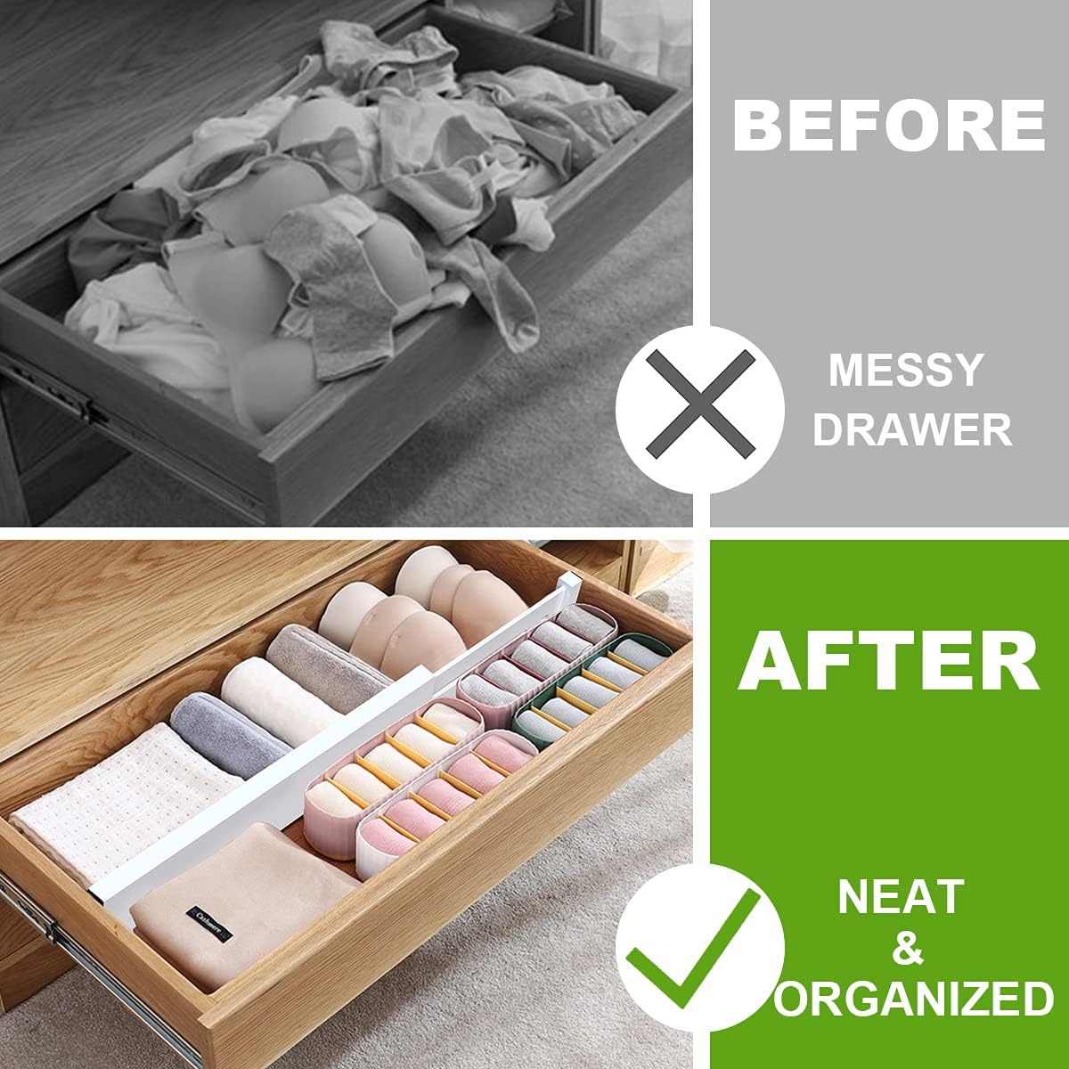 ANTOWIN Bamboo Drawer Dividers Organizers, Expandable Drawer Separators Splitter,17-22 inches Long Adjustable Spring-loaded Organizer for Large Utensil, Clothes, Tools Drawers (White) - Image 2