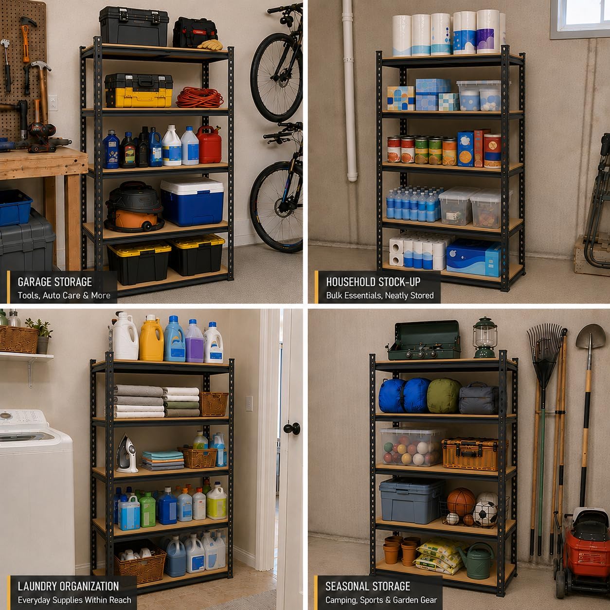 REIBII 2400 Lbs Garage Shelving for Pantry, Adjustable Storage Shelves | 5 Tier Shelf, 5 Reinforcing Ribs, Steel Frame with Powder Coat, Tool-Free Assembly, Freestanding, 35.5" W x 72" H - Image 10