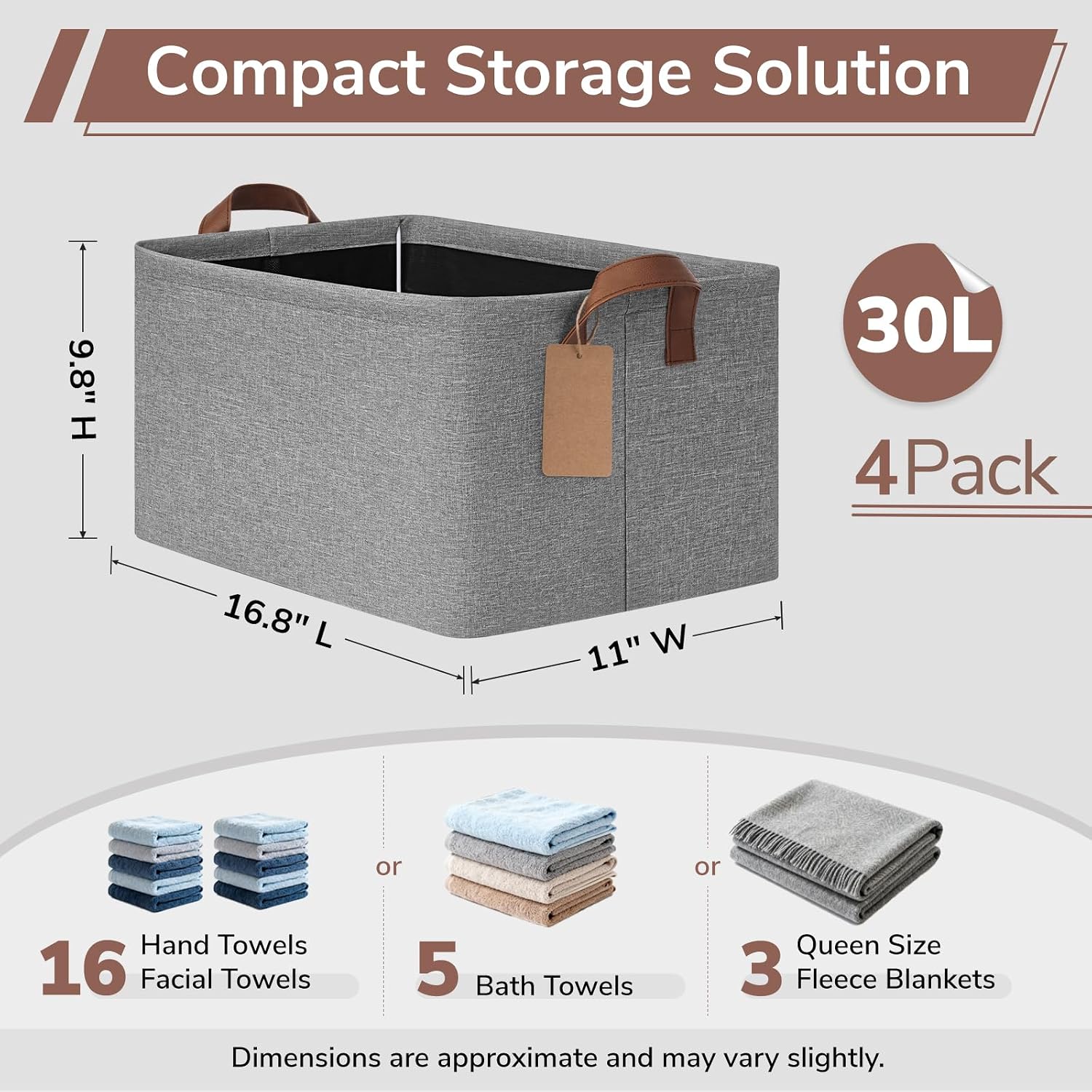 CHICVITA 4 Pack Large Fabric Storage Baskets for Shelves, 30L Gray | 16.8" × 11" × 9.8" Closet Storage Bins for Clothes, Toys & Towels, Fits Nursery & Bathroom Organization, Metal Frame - Image 3