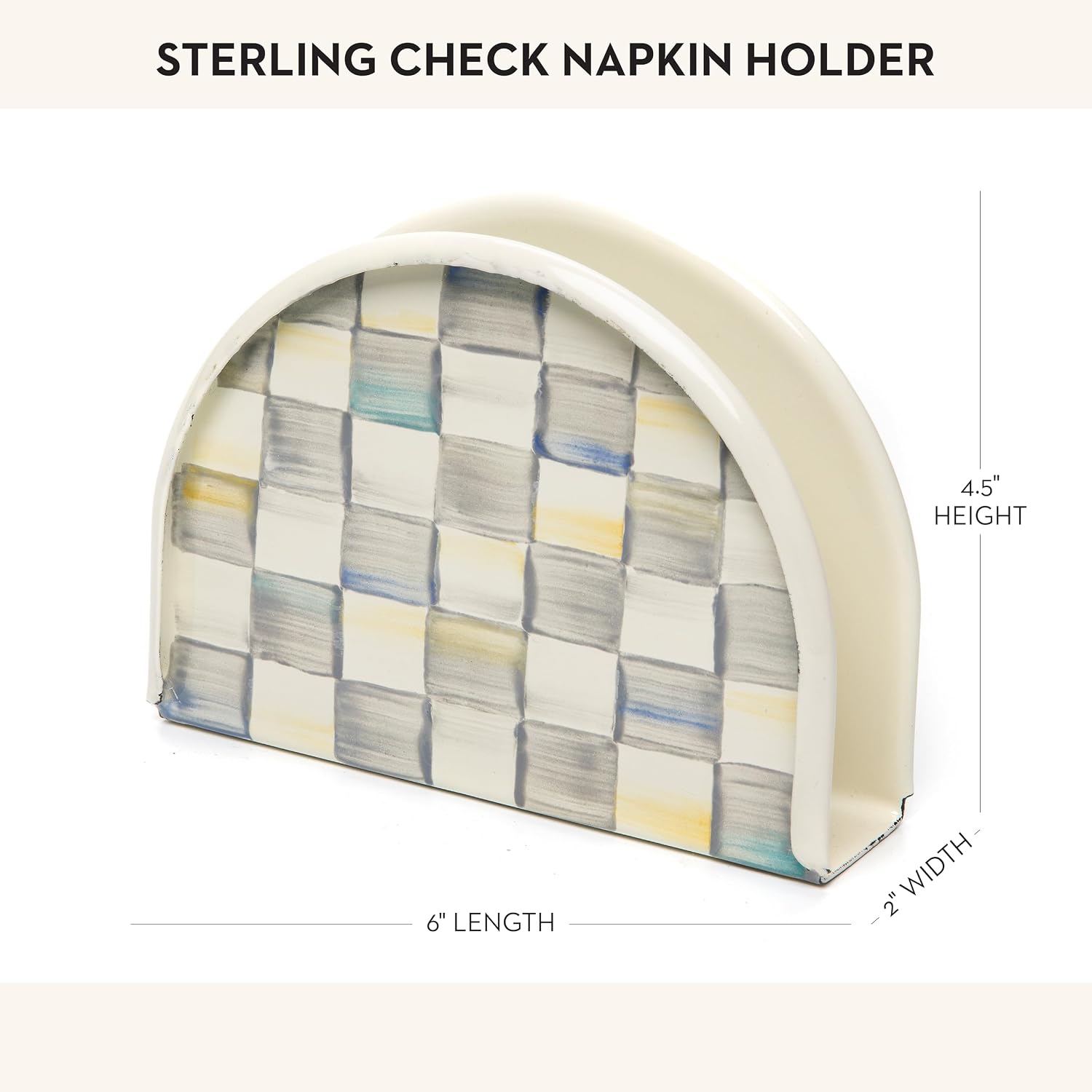 MACKENZIE-CHILDS Enamel Napkin Holder, Gray-and-White Sterling Check | Hand-painted design, kitchen napkin holder for table and countertop, 2" W x 6" L x 4.5" H - Image 4