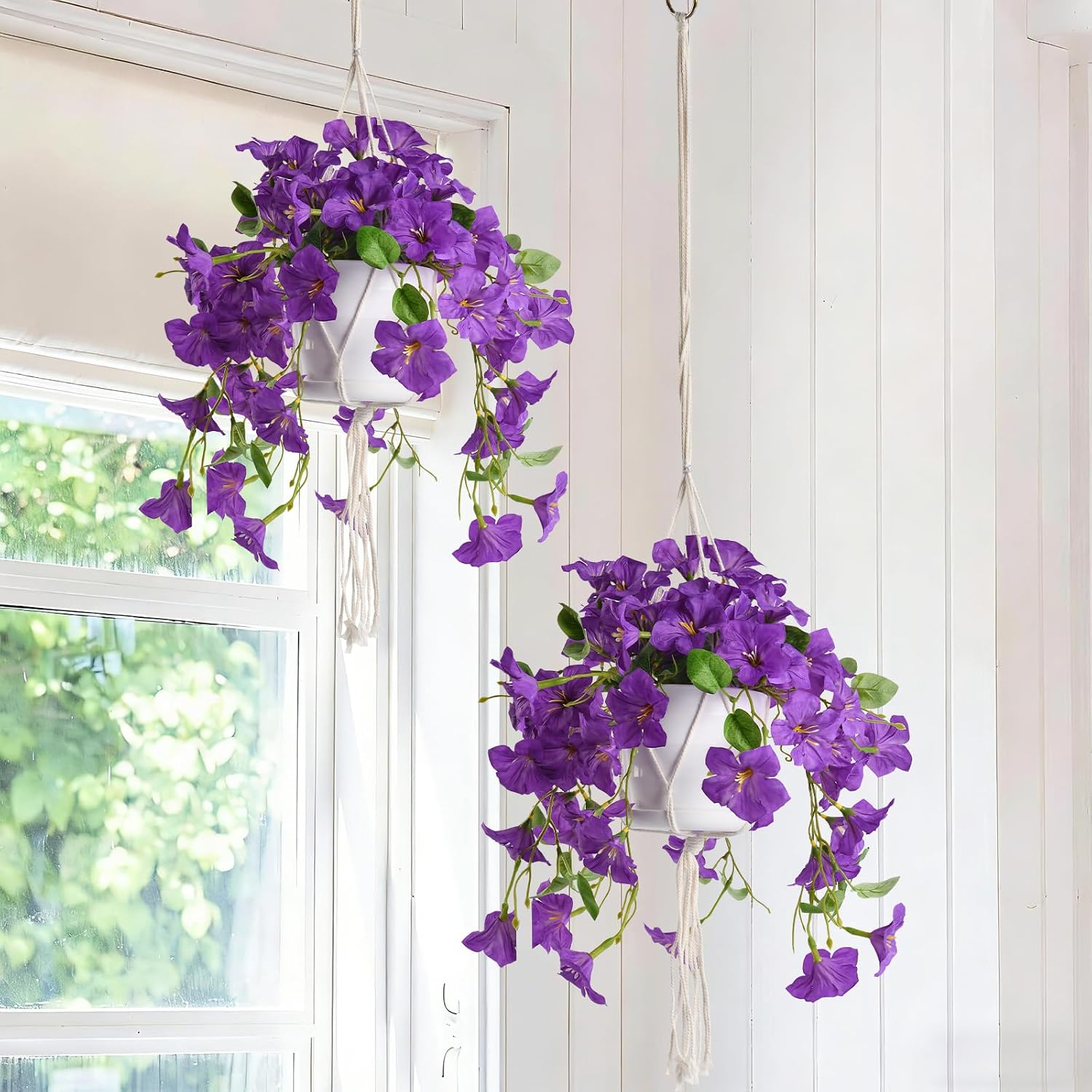 2 Sets Artificial Hanging Fake Flowers for Outdoors with Basket | Realistic faux petunias plants for patio, porch, balcony, garden, or yard, UV Resistant & fade-resistant, Purple - Image 2