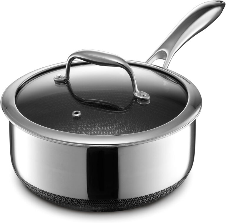 HexClad 3QT Hybrid Nonstick Saucier with Lid, Induction Ready | Stay-Cool Handles, Dishwasher and Oven Safe up to 900°F, Compatible with All Cooktops