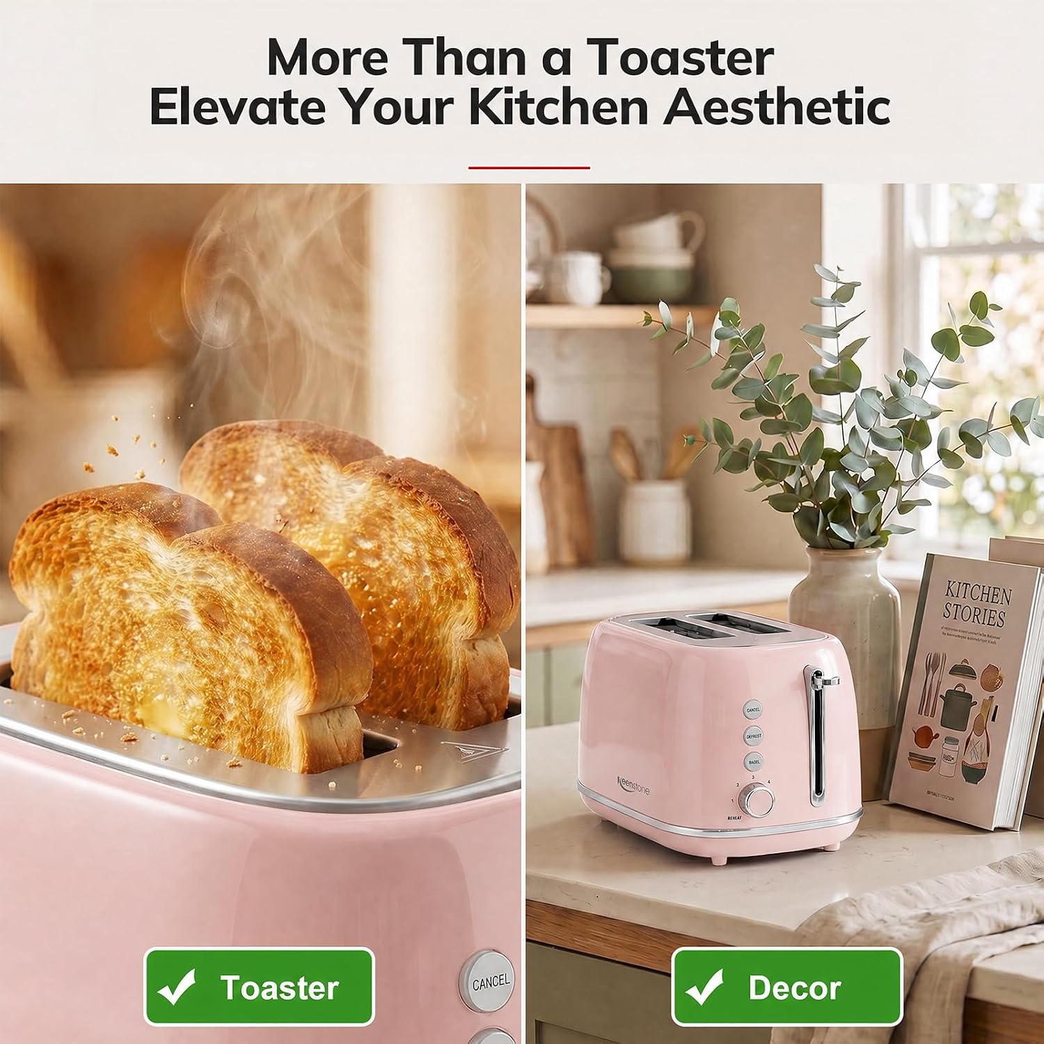 2 Slice Toaster Retro Stainless Steel with Bagel, Cancel, Defrost Function and 6 Bread Shade Settings Bread Toaster, Extra Wide Slot and Removable Crumb Tray (Pink) - Image 2