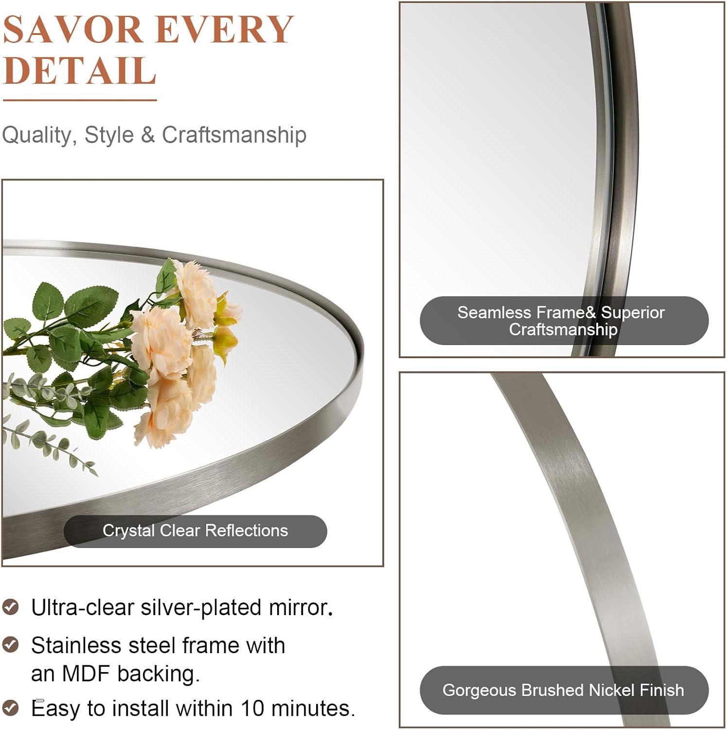 ANDY STAR Brushed Nickel Oval Mirror,24 x 36 Inch Bathroom Mirror Brushed Nickel Stainless Steel Metal Frame, Oblong Mirror Pill Shaped Mirrors for Bathroom Wall Mount Horizontal or Vertical - Image 4