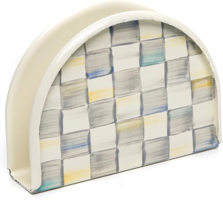 MACKENZIE-CHILDS Enamel Napkin Holder, Gray-and-White Sterling Check | Hand-painted design, kitchen napkin holder for table and countertop, 2" W x 6" L x 4.5" H