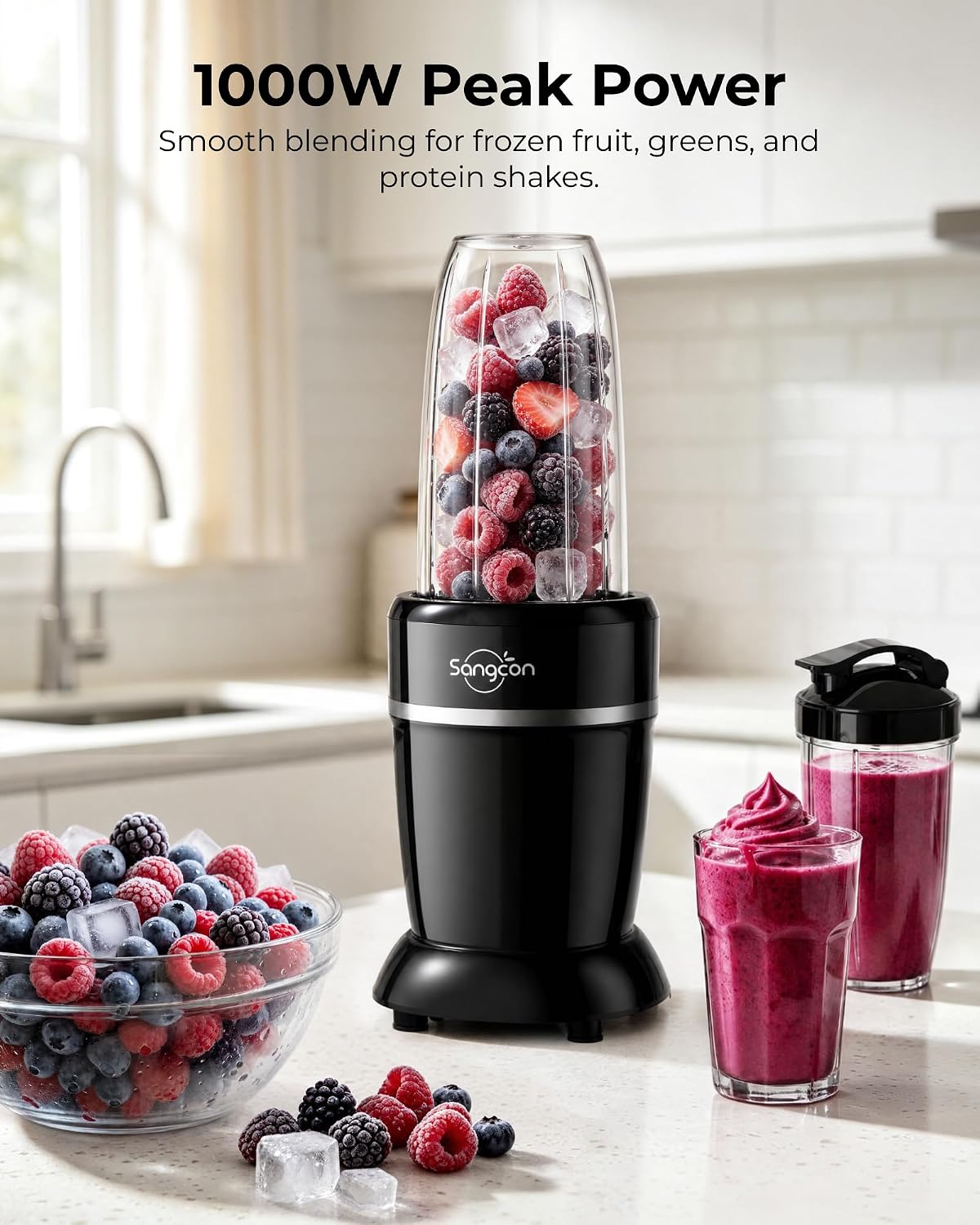 Sangcon 1000W Personal Smoothie Blender, Protein Shakes, Home & Gym, Black | 37/32/22 oz BPA-Free To-Go Cups with 6-Leaf Blade, Frozen Fruit, Ice Crushing, Baby Food, Sauces, Dips, Coffee, Nuts, Spices - Image 2