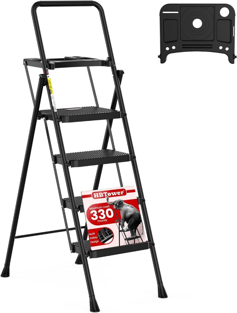 HBTower Step Ladder, Folding Step Stool with Wide Anti-Slip Pedal | Sturdy Steel Ladder, Convenient Handrail, Lightweight, Portable Steel Step Stool