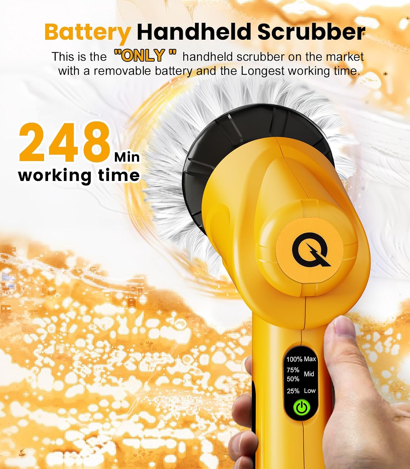 Electric Spin Scrubber Q4, 5000mAh Large Battery, 248-Min Runtime, 600RPM | Handheld Power Dish Scrubber with Display and 5 Brush Heads; Cordless Shower Cleaning Brush for Bathrooms, Sinks and Windows - Image 2