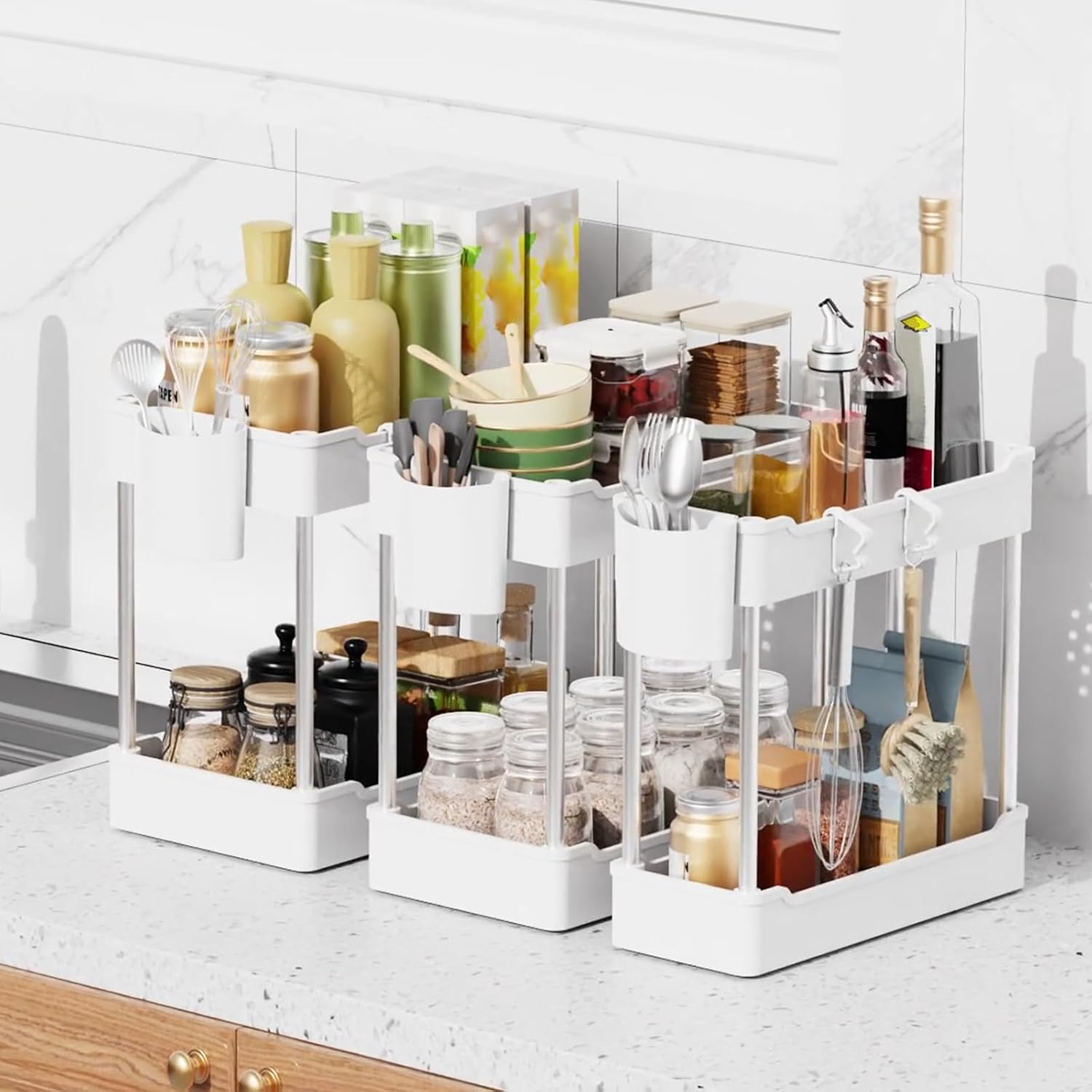 3 Pack Under Sink Organizer Bathroom and Storage Cabinet (White) | 2 Tier with Hanging Cups for Kitchen - Image 4