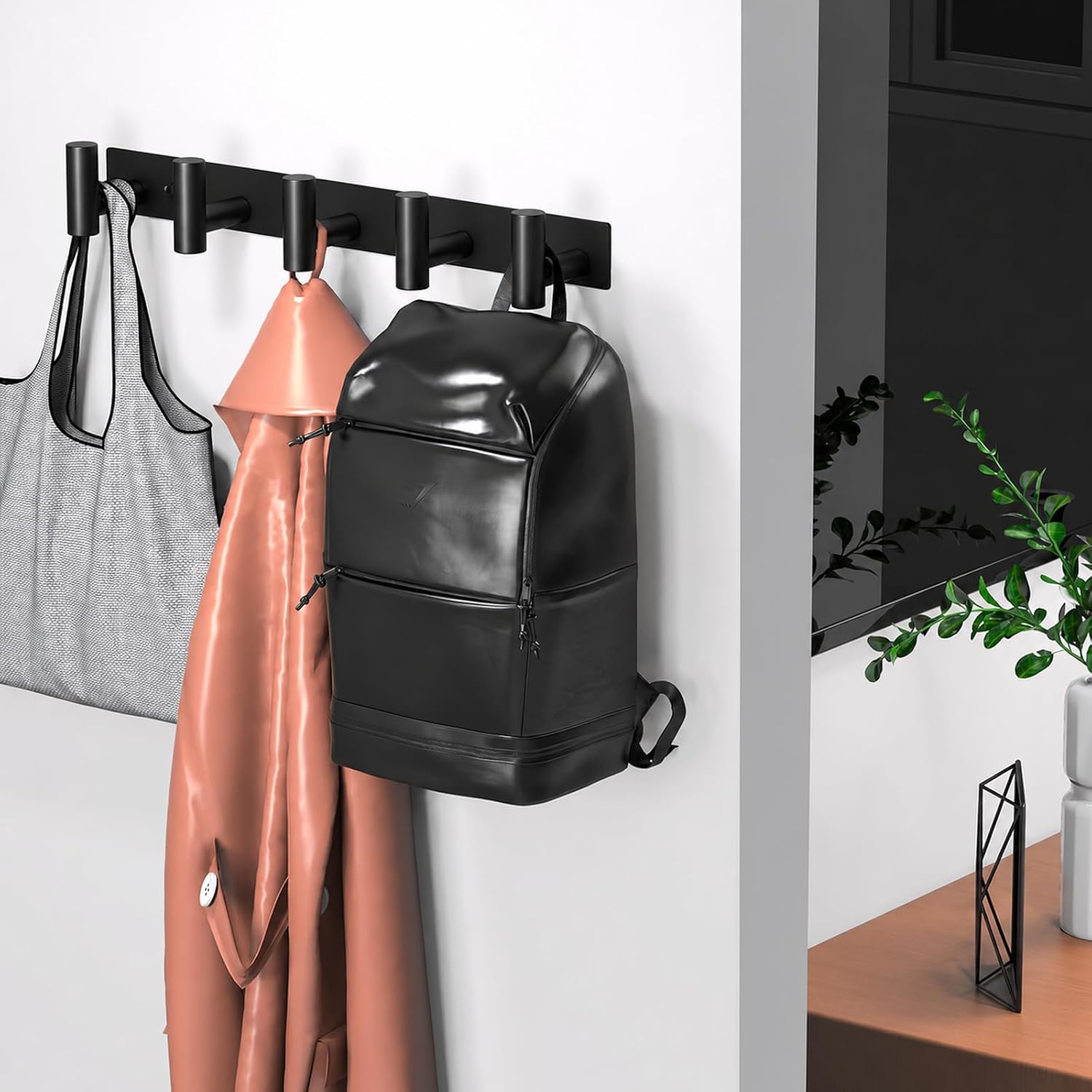 Wall Mounted Coat Rack-5 Hooks, Heavy Duty Stainless Steel Hook Rail for Towel Coat Hat Purse Bag Jacket, Towel Hooks for Entryway Bathroom Kitchen (Black 5 Hooks - 1 Pack) - Image 4