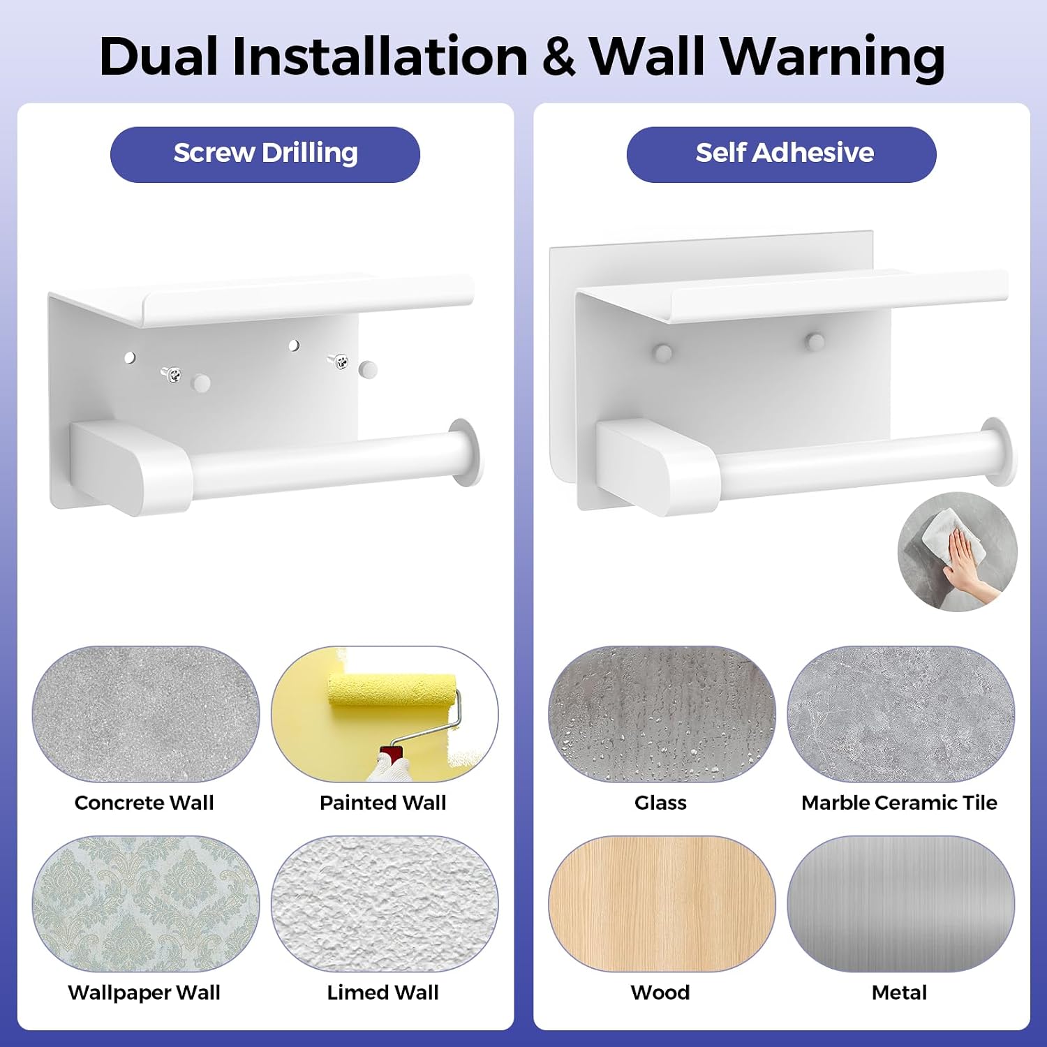 Bntuk Toilet Paper Holder with Shelf, Self-Adhesive or Screw Wall Mount Toilet Paper Holder with Wipes Storage, Rustproof Stainless Steel Tissue Roll Holder for Bathroom Washroom (White) - Image 5