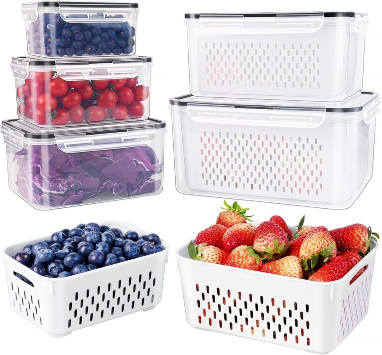 5 PCS Large Fruit storage Containers for Fridge ,Food Storage Containers | with Removable Colander Leakproof Dishwasher & Microwave safe Produce Containers Keep Fruits Vegetables Berry Fresh longer