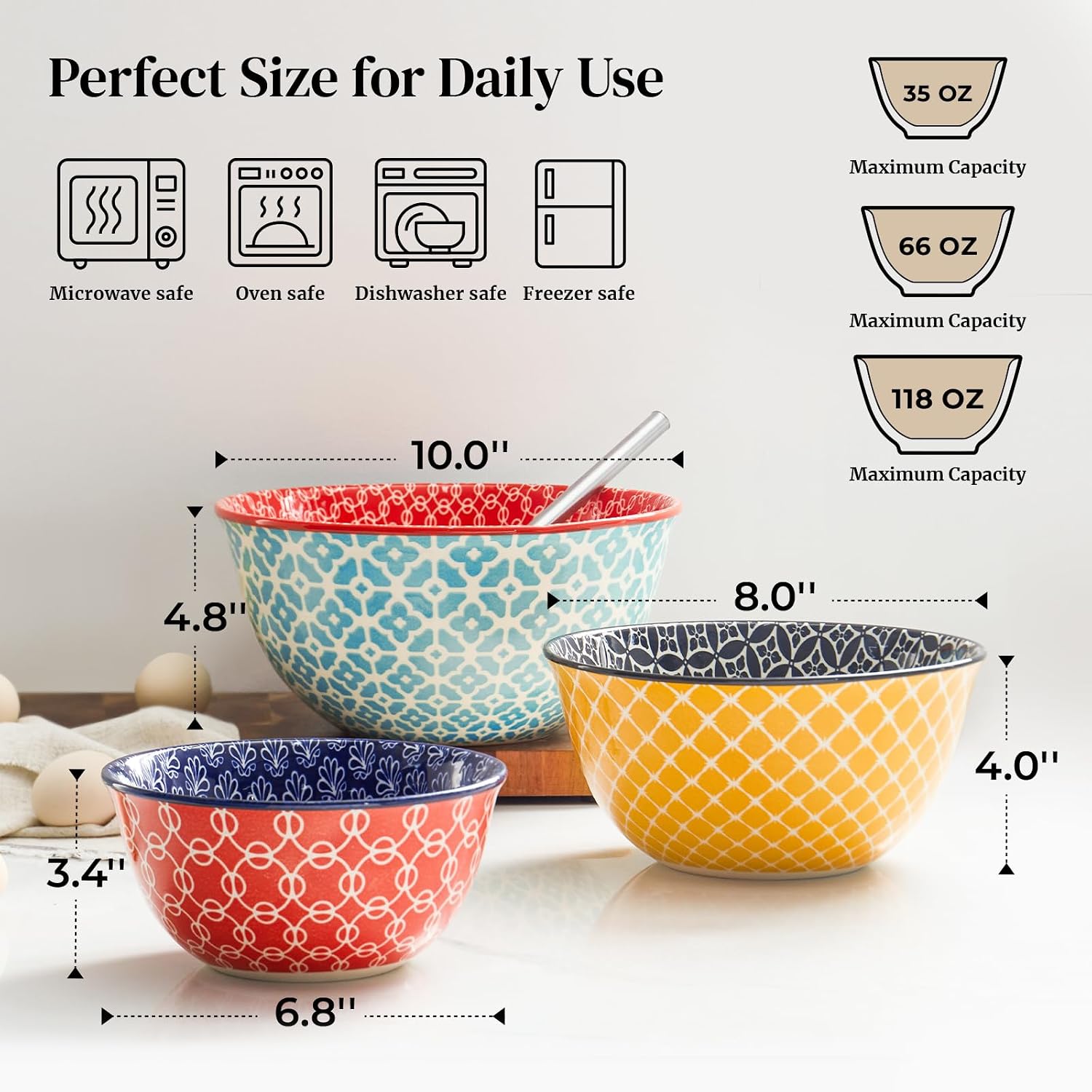 DOWAN Mixing Bowls, Ceramic Mixing Bowls for Kitchen, Colorful Vibrant Nesting Bowls for Cooking, Baking, Prepping, Serving, Salad, Housewarming Gift, Microwave Dishwasher Safe, 3.7/2/1 Qt, Set of 3 - Image 2