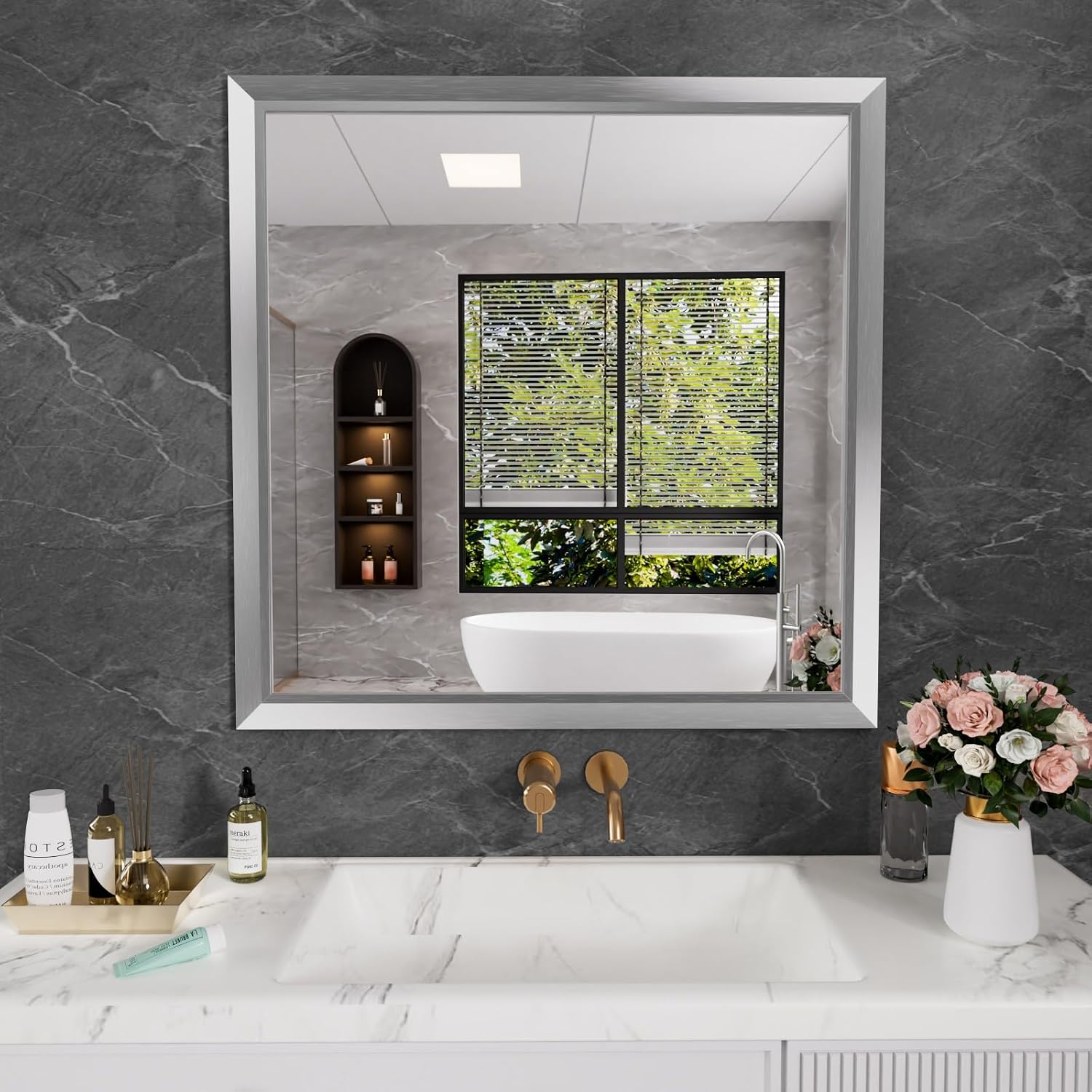 Amorho Bathroom Mirror for Wall 36x36 Inch, Brushed Silver Metal Framed | Anti-rust, HD Reflection, Tempered Glass, Mirrors for Over Sink, Bedroom, Living Room, Entryway, Horizontal or Vertical.