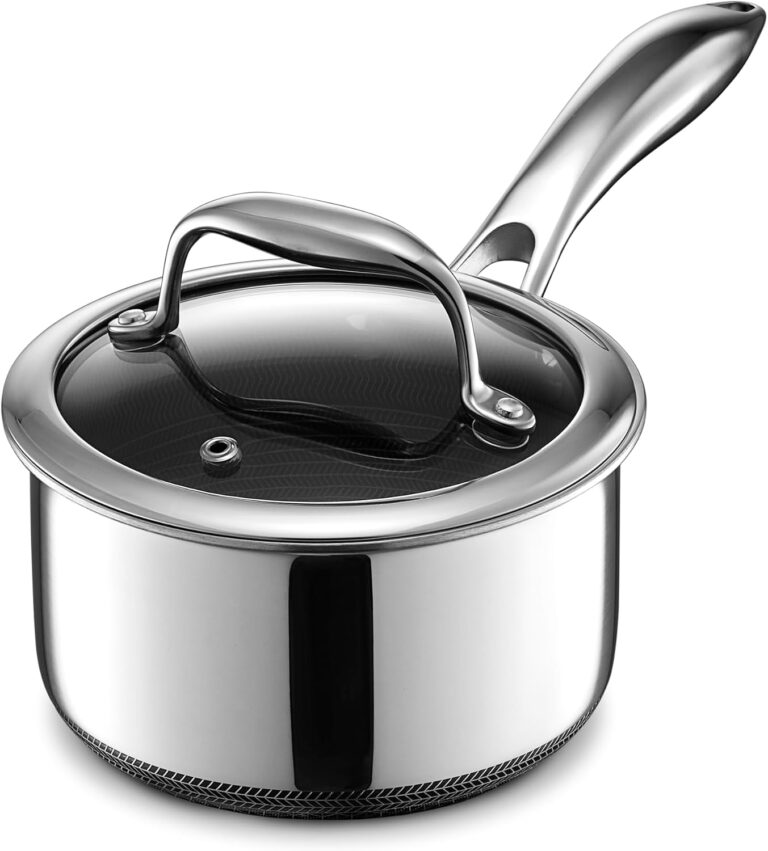 HexClad 1QT Hybrid Nonstick Saucier with Lid, Induction Ready | Stay-Cool Handles, Dishwasher and Oven Safe up to 900°F, Compatible with All Cooktops