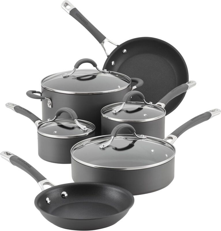 Circulon Radiance Nonstick Pots and Pans Set, 10-Piece, Gray | Oven safe non stick pots and pan set, dishwasher safe, easy cleanup, hard-anodized, tempered glass lids nonstick cookware set