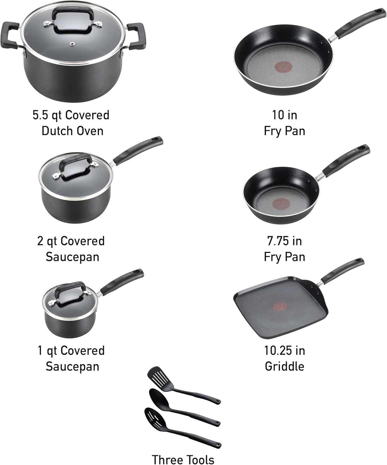 T-Fal Signature Nonstick Pots and Pans Set 12 Piece, Oven Broiler Safe 350F, Kitchen Cookware Set w/Fry Pans, Saucepans, Saute Pan, Dutch Oven, Griddle, Kitchen, Home, Dishwasher Safe, Black - Image 2