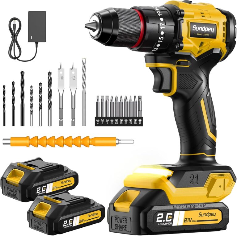 Sundpey 620In-lbs Brushless Cordless Drill Set, Power Drill Driver Yellow | with 2x2.0Ah Batteries, 3/8" Metal Chuck, 23+3 Position, LED Light, for Home DIY Woodworking Drilling & Furniture Assembly
