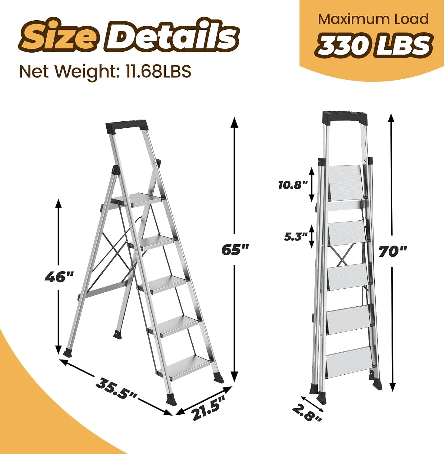 HBTower 5 Step Ladder, Lightweight Aluminum Folding Step Stool | Anti-Slip Wide Pedal, 330lbs Capacity Step Ladder for Household Kitchen Office, Silver - Image 2