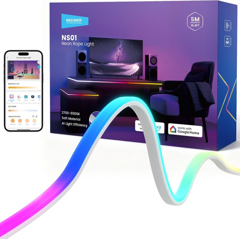 NEEWER 16.4ft/5m LED Strip Lights Front Lit, Smart AI App Control RGB IC Cuttable Neon Rope Light Color Change for Bedroom Gaming Room Home Indoor Wall Decor, Compatible with Google and Alexa, NS01