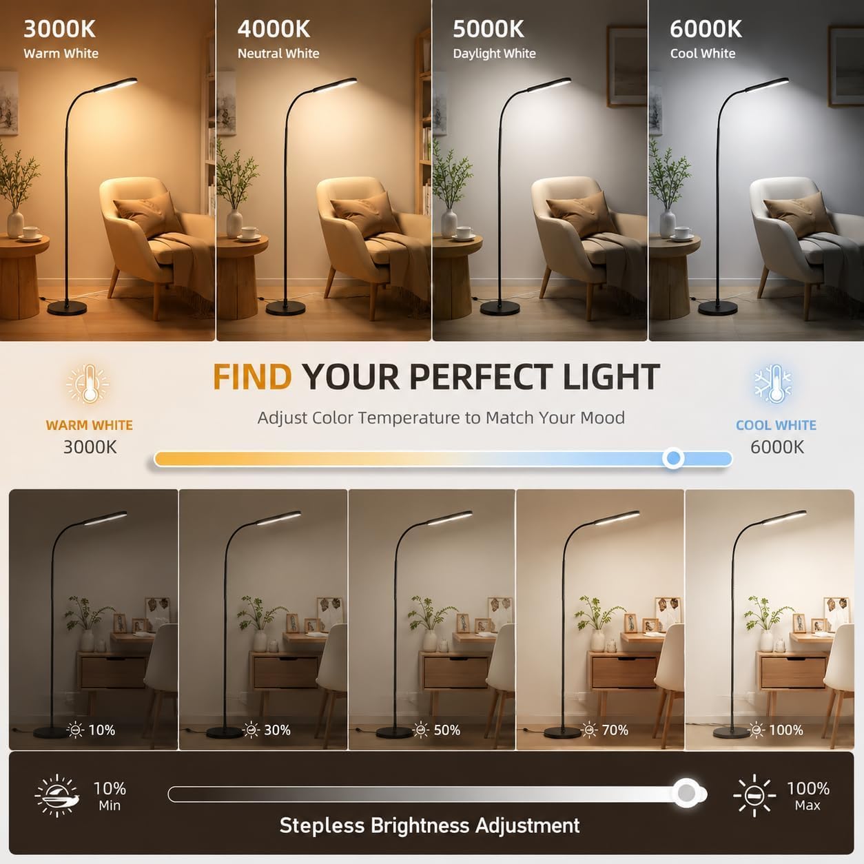 Wio-Mio Floor lamp, 15w/1000lm Bright LED Floor Lamp with Stepless Adjustable 3000K-6000K Colors and Dimmer, Remote and Touch Control, Adjustable Floor Lamp for Living Room - Image 2