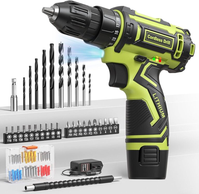 Cordless Drill Set,12V Power Drill Driver 3/8" Keyless Chuck with 92 Acessories, Built-in LED Light, 25+1 Position, Electric Drill for Home DIY Projects (Green)