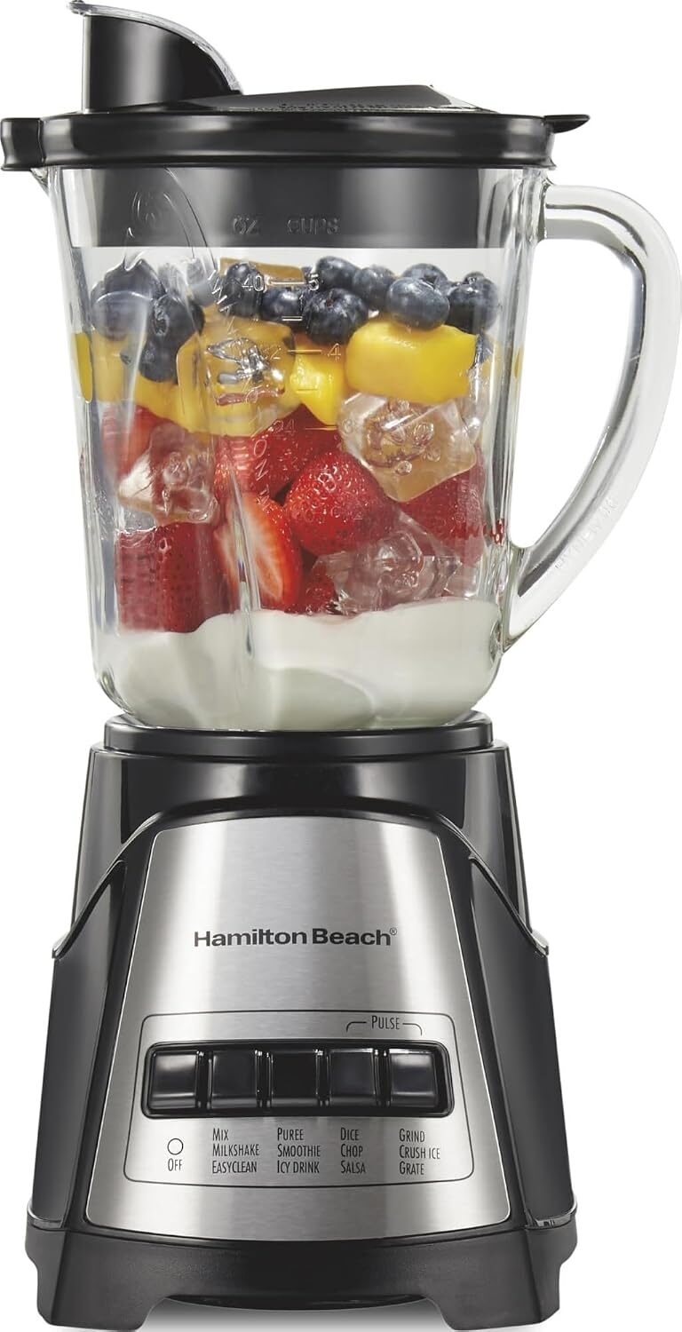 Hamilton Beach Power Elite Blender For Smoothies With Wave Action System | 40 oz. Glass Jar | 12 Functions Including Puree, Crush Ice | 700 Watts | Black | 58148AG