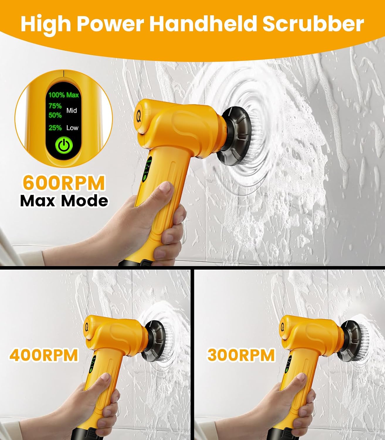 Electric Spin Scrubber Q4, 5000mAh Large Battery, 248-Min Runtime, 600RPM | Handheld Power Dish Scrubber with Display and 5 Brush Heads; Cordless Shower Cleaning Brush for Bathrooms, Sinks and Windows - Image 4