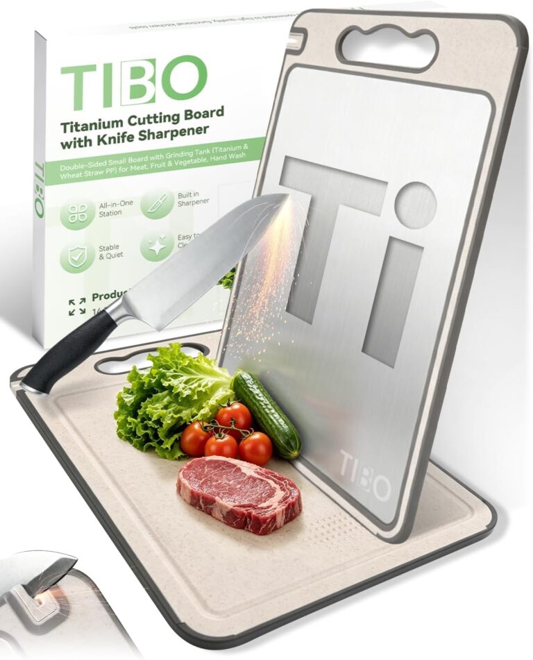 TIBO Titanium Cutting Board with Knife Sharpener, 14.3"L x 9.8"W Double-Sided Small Board (Titanium & Wheat Straw PP) for Meat, Fruit & Vegetable, Hand Wash