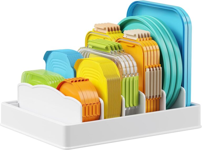 Lifewit Kitchen Cabinet Organizer for Food Contanier Lid with 7 Sections | Lid Holder with 6 Adjustable Dividers for Pantry Organizers and Storage, Home Drawer Organization, White, Large, 13" x 10"