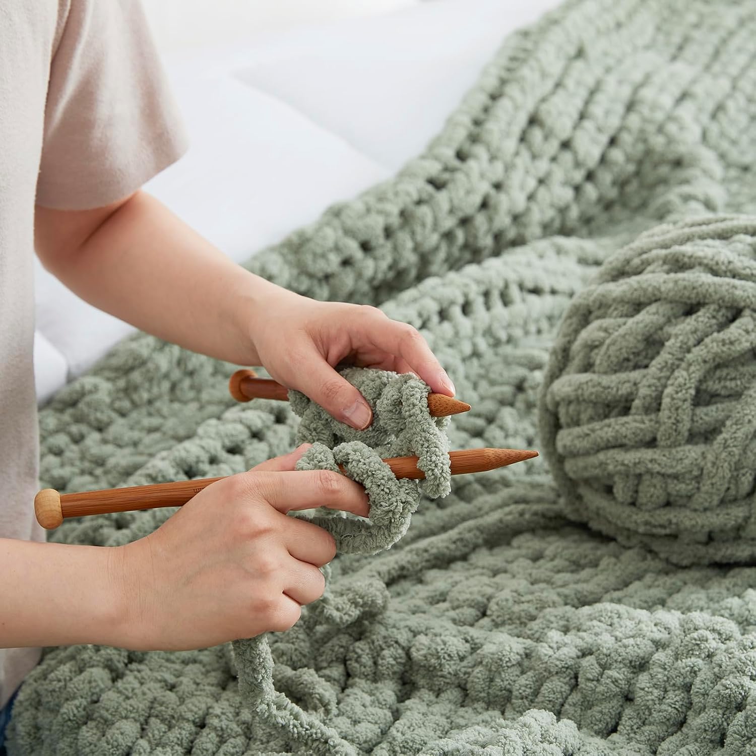 Chenille Chunky Knit Throw Blanket for Couch 50"x60", Sage Green | Handmade Chenille Crochet Throw for Sofa Bed, Thick Cable Knitted Blankets for Room Home Decor, Birthday Gift for Women - Image 7