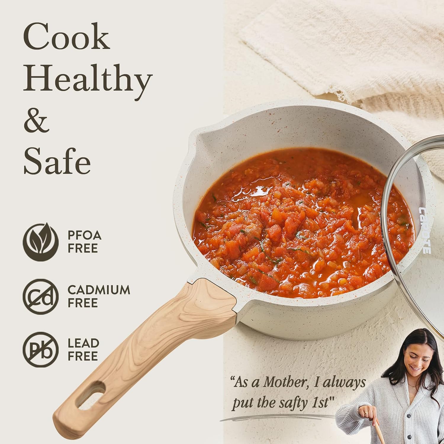 CAROTE Nonstick 1.5Qt & 3.0Qt Sauce Pan Sets with Lid, White | Kitchen Non Toxic Cookware with Stay-cool Handle, All Stovetops Compatible, Dishwasher Safe, PFOA Free - Image 6
