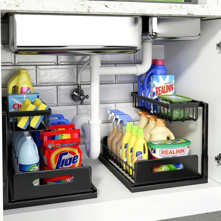 REALINN Under Sink Organizer, L-Shaped 2 Tier Pull Out Cabinet Organizer | For Kitchen and Bathroom, Slide Out Under Cabinet Storage, Metal Under Sink Storage with Sliding Drawer, 50 lbs, Black 2 Pack
