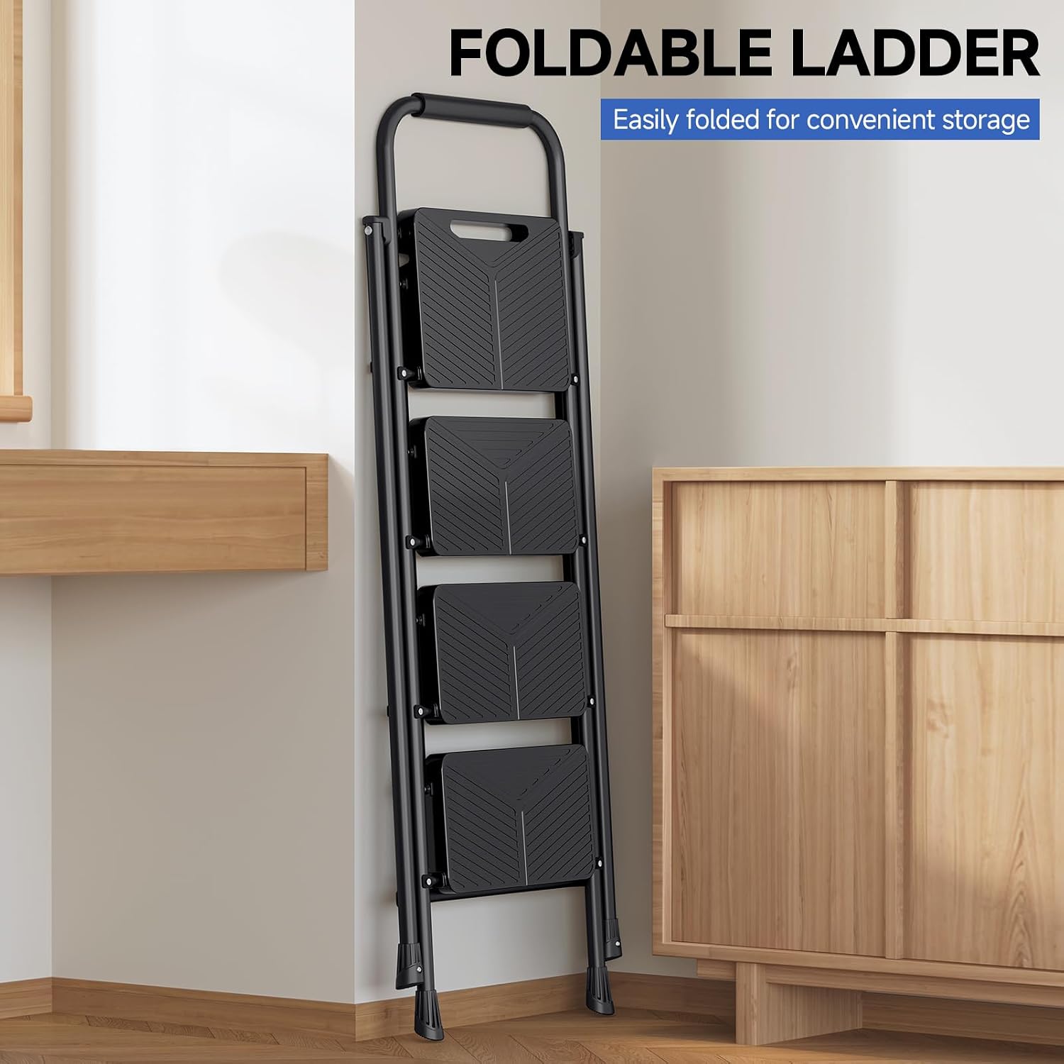 KINGRACK 4 Step Ladder, Portable Folding Ladder with Anti-Slip Pedals | Heavy Sturdy Steel Step Stool for Multi-Purpose, Home, Kitchen, Handrail, Safe-Lock Design, Pass 500lbs Load Testing, Black - Image 6
