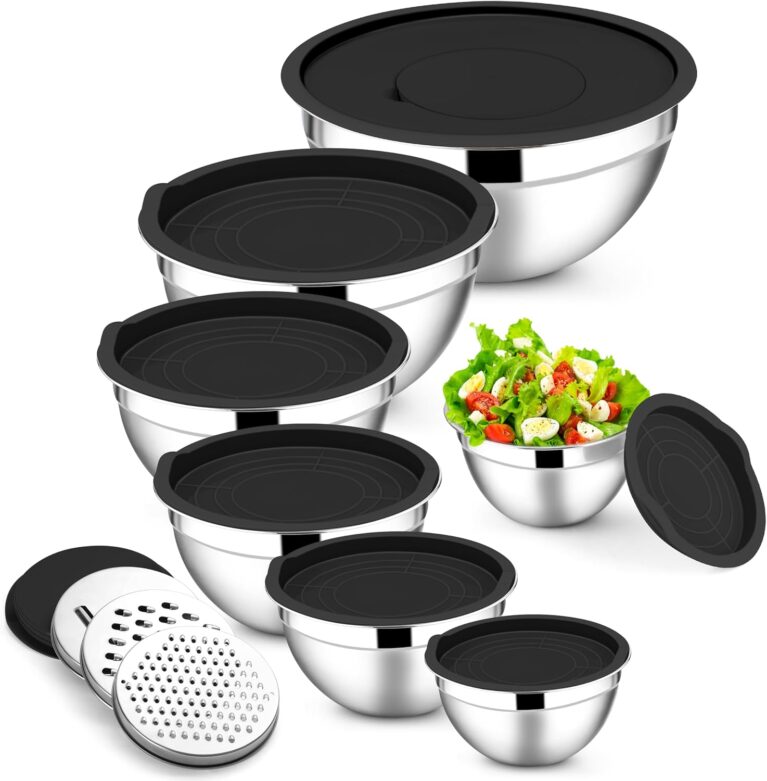 E-far Stainless Steel Mixing Bowls, 7PCS Mixing Bowls with Airtight Lids | 3 Grater Attachments for Cooking Serving Prepping, Nesting Bowls & Black Airtight Lids, Size 4.6, 3.5, 2.6, 2, 1.5, 1, 0.7QT